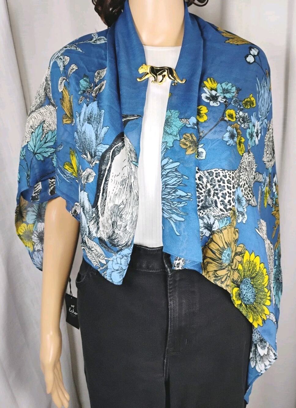 NWT Echo Animal Floral Square Scarf Modal Lyocell Blue Boho Zebra Cheetah 43x44